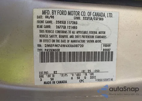 1999 Mercury Grand Marquis Gs из США, поврежденный, VIN 2MEFM74W4XX608720